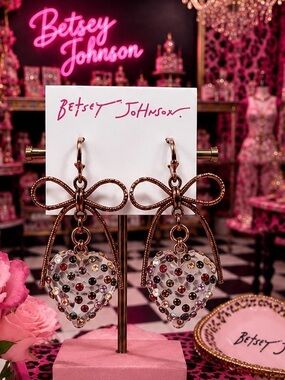 🩷Betsey Johnson Coquette Heart Earrings • Lucite Rhinestones & Rose Gold Bows🩷